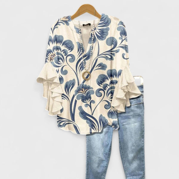 Cordélia - Blusa Feminina Estampada com Mangas com Folhos