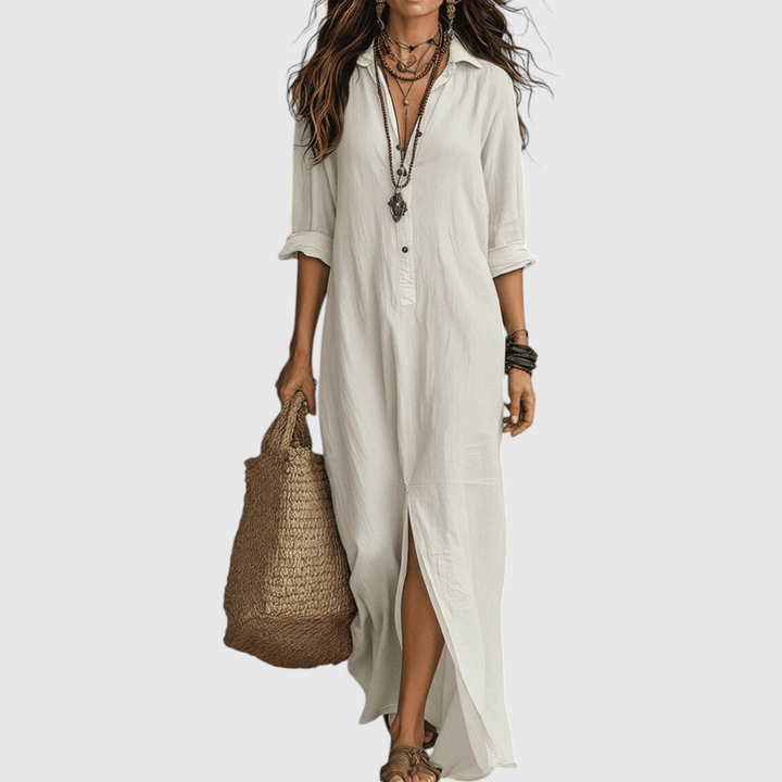 Inês - Vestido Maxi com Decote em V e Botões