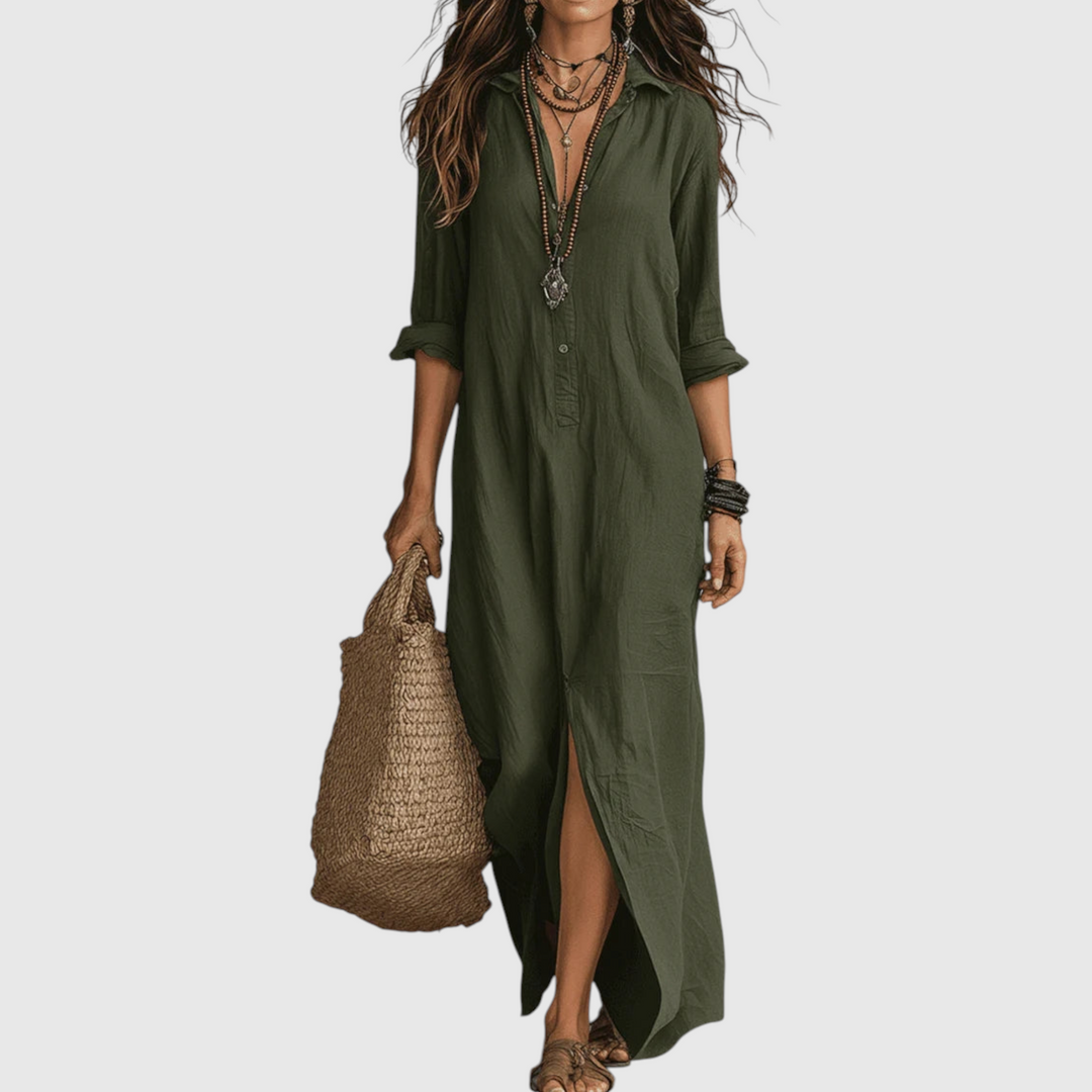 Inês - Vestido Maxi com Decote em V e Botões