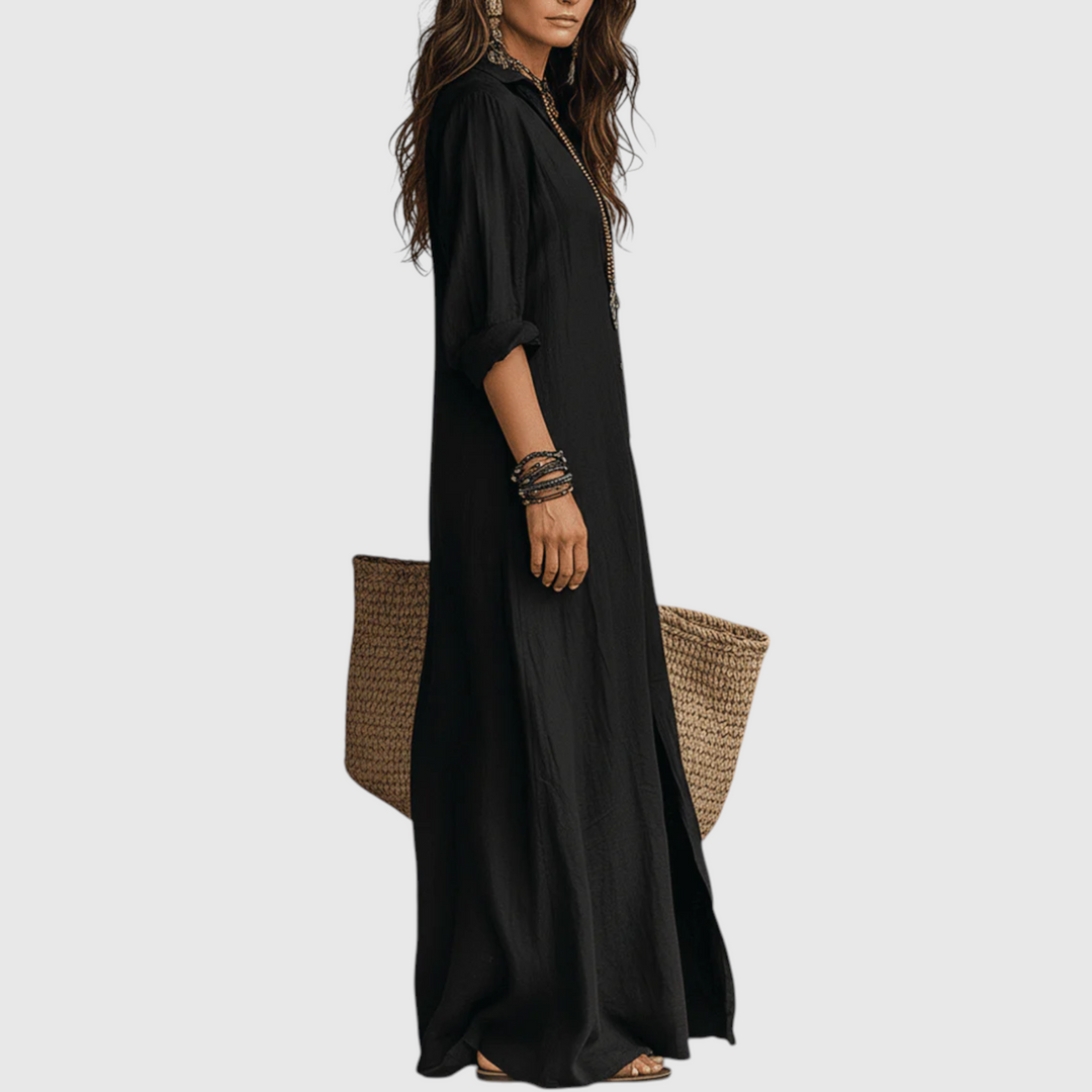 Inês - Vestido Maxi com Decote em V e Botões