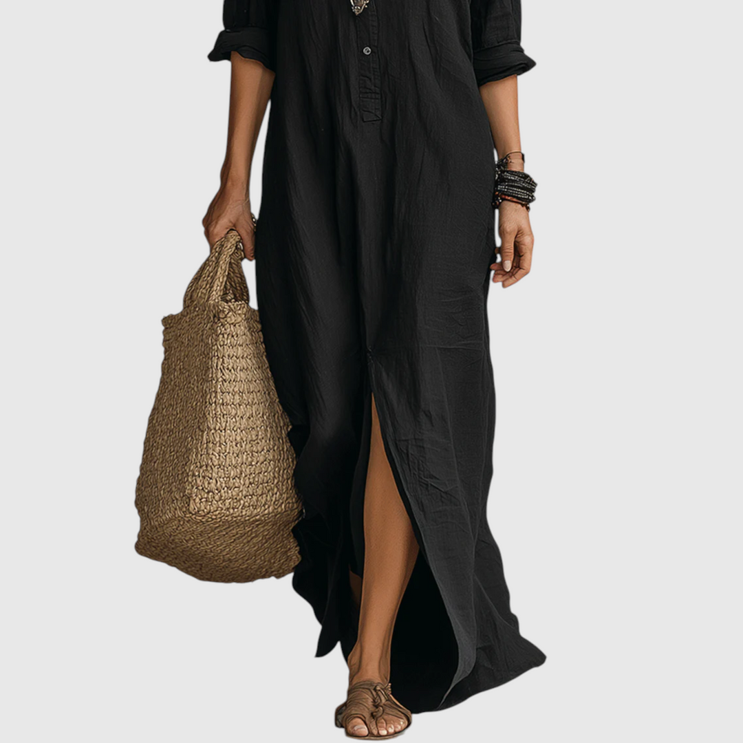Inês - Vestido Maxi com Decote em V e Botões