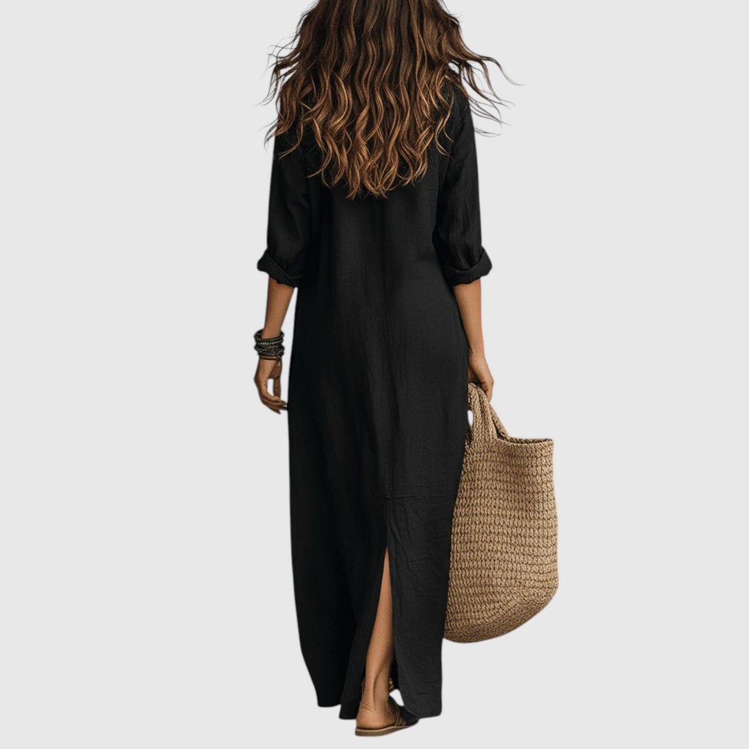 Inês - Vestido Maxi com Decote em V e Botões