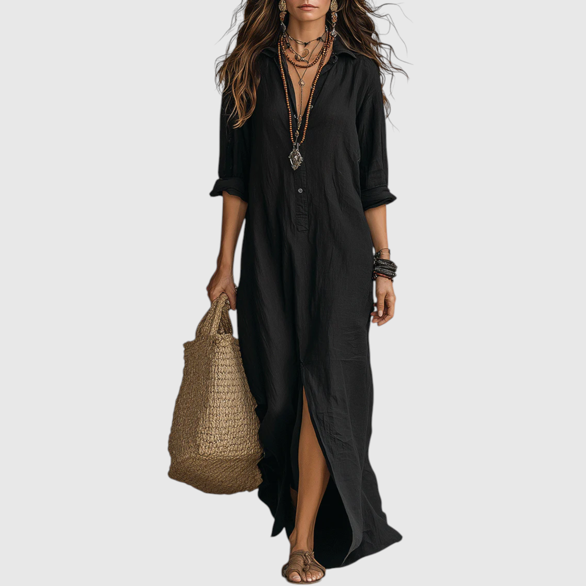 Inês - Vestido Maxi com Decote em V e Botões