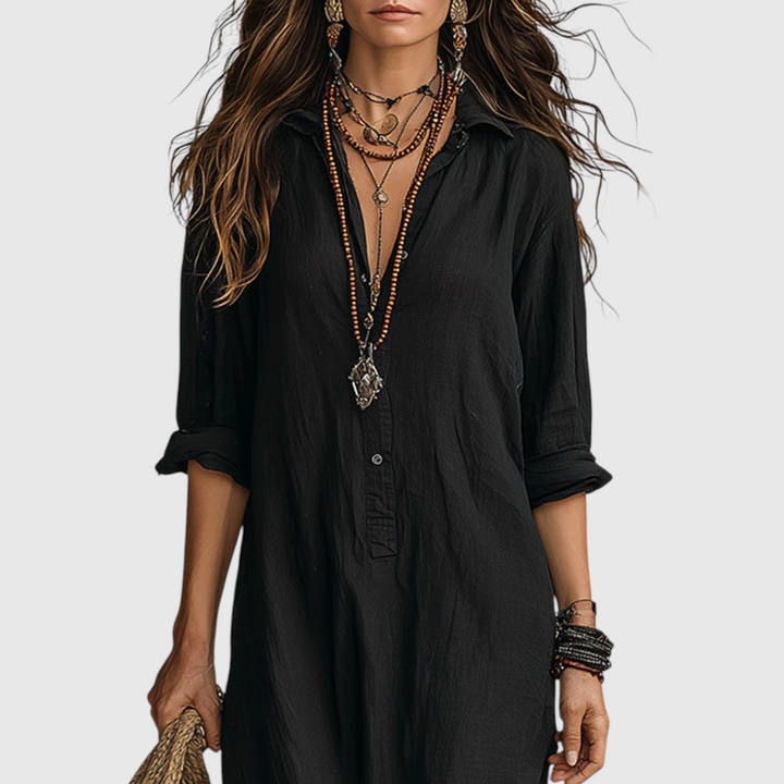 Inês - Vestido Maxi com Decote em V e Botões